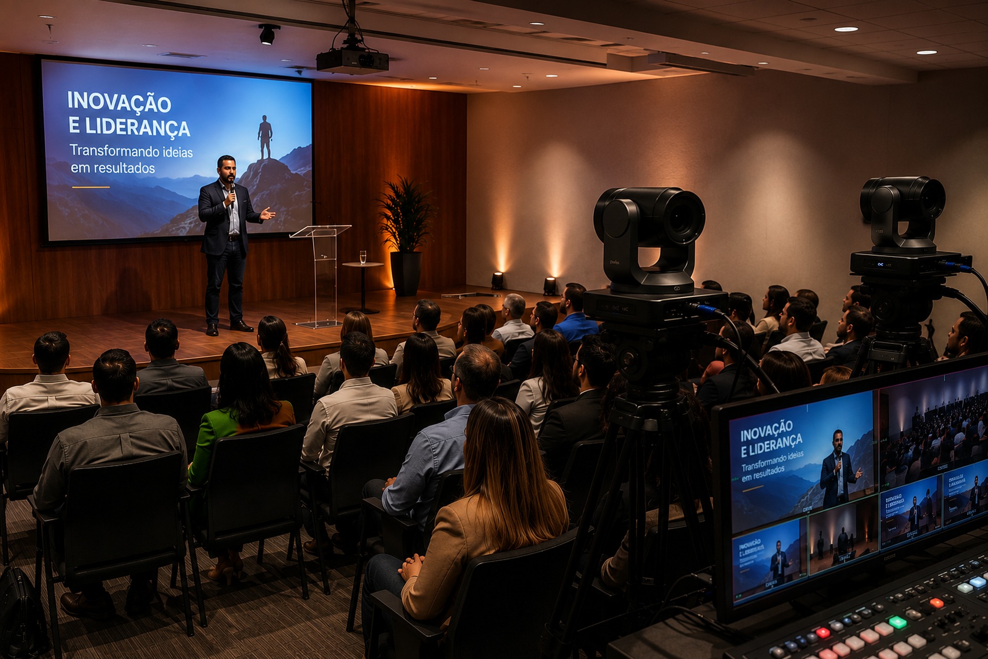 Câmera PTZ 4K instalada em pedestal durante congresso corporativo