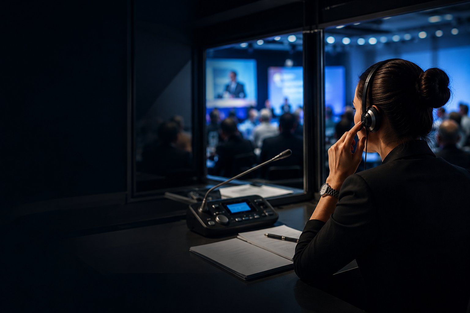 Intérprete de tradução simultânea em cabine com auditório corporativo ao fundo