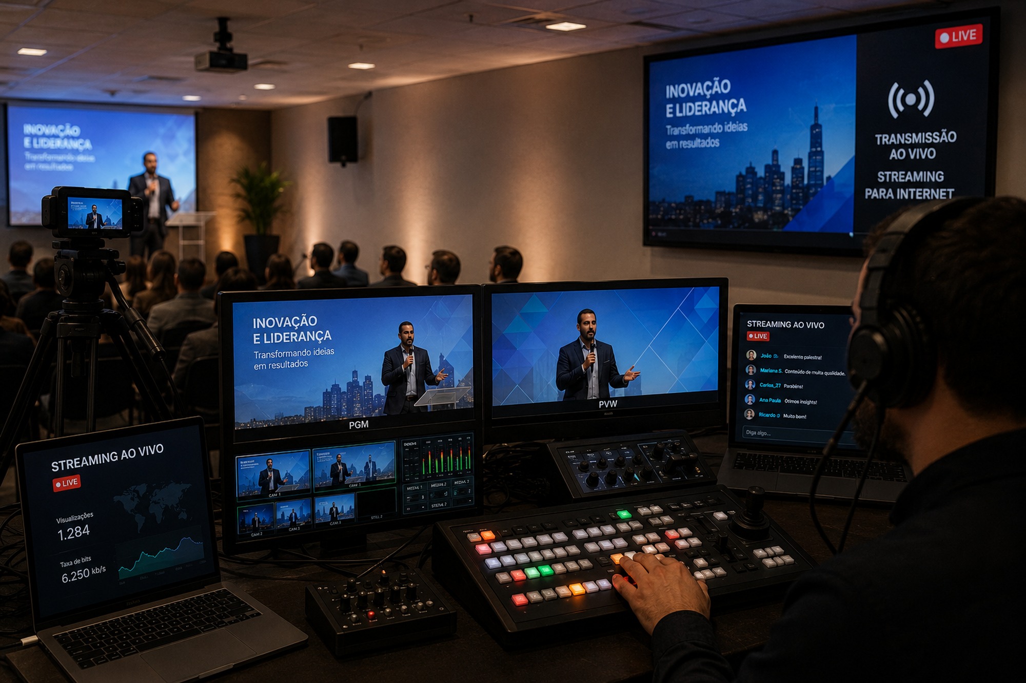Operador de transmissão ao vivo com mesa de switcher e multiview